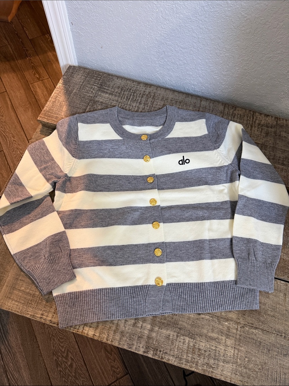 Striped Crew Cardigan in Gray and Cream with Gold Buttons
